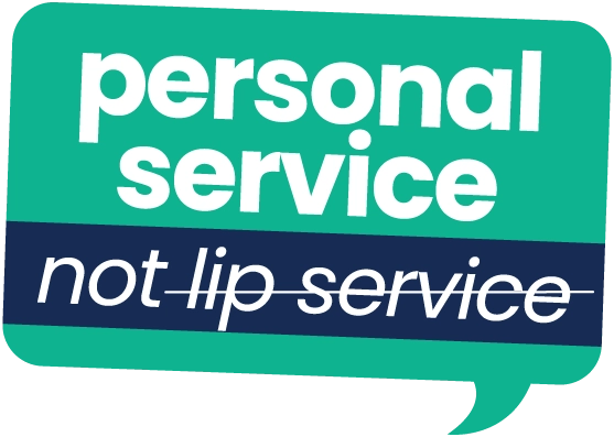"Personal service not lip service" - Speech bubble on pink background