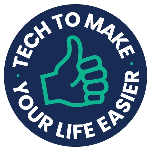 "Tech to make your life easier" Badge with thumbs up icon on green background