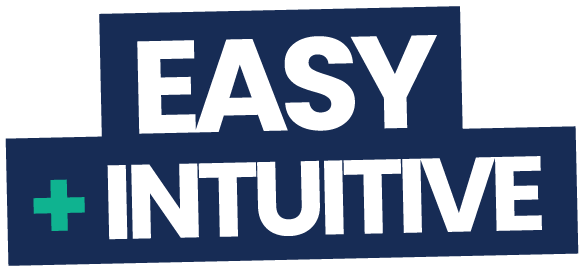 "Easy + Intuitive" text on a blue background